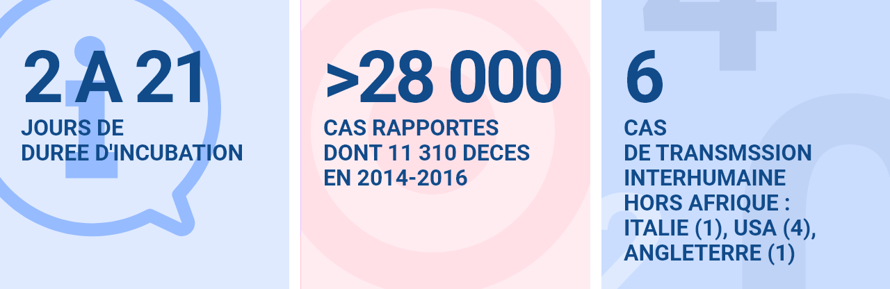 Une incubation de 2 à 21 jours / plus de 280 000 cas d’Ebola ont été rapportés dont 11 310 décès en 2014-2016 / 6 cas de transmission interhumaine hors Afrique : Italie (1), USA (4), Angleterre (1)