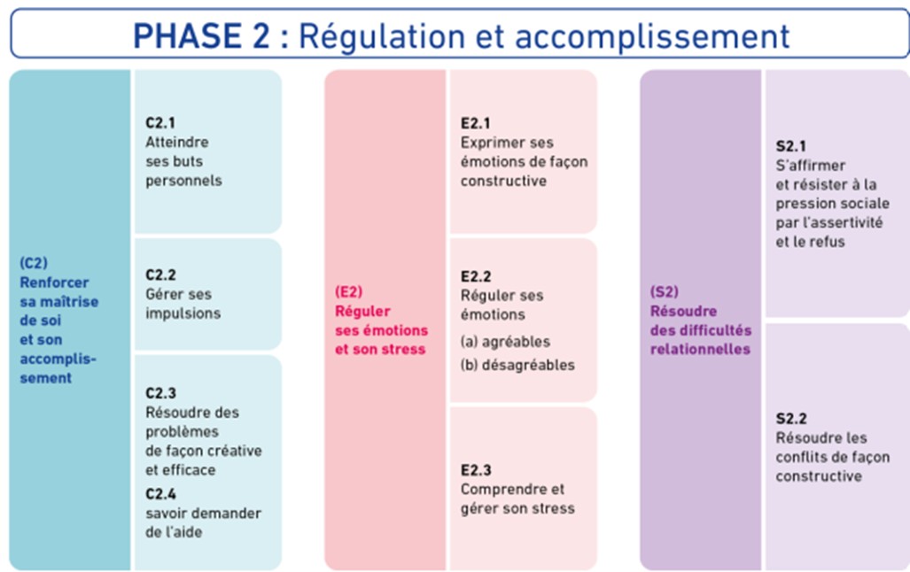 PHASE 2 : Régulation et accomplissement COMPÉTENCES COGNITIVES (C2) Renforcer sa maîtrise de soi et son accomplissement C2.1 : Atteindre ses buts personnels C2.2 : Gérer ses impulsions C2.3 : Résoudre des problèmes de façon créative et efficace C2.4 : Savoir demander de l’aide COMPÉTENCES ÉMOTIONNELLES (E2) Réguler ses émotions et son stress E2.1 : Exprimer ses émotions de façon constructive E2.2 : Réguler ses émotions (a) agréables (b) désagréables E2.3 : Comprendre et gérer son stress COMPÉTENCES SOCIALES