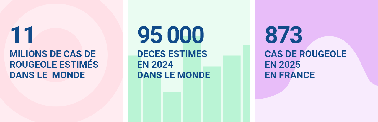 11 millions de cas de rougeole estimés dans le monde  95 000 décès estimés en 2024 dans le monde  873 cas de rougeole en 2025 en France