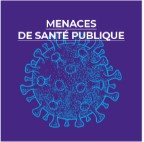 Visuel virus bleu dessiné sur fond violet avec noté dessus "menaces de santé publique"