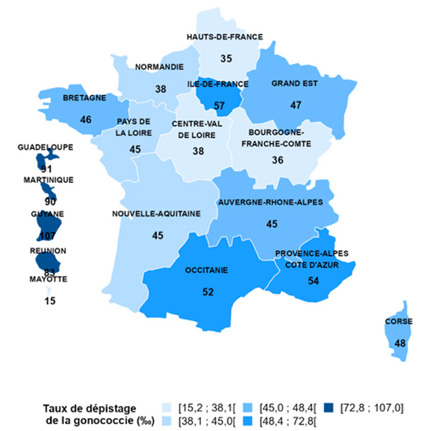 Taux de dépistage des infections à gonocoque par région de domicile, France, 2024