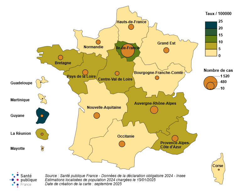 Taux d'incidence estimés de tuberculose pour 100 000, OMS, 2024