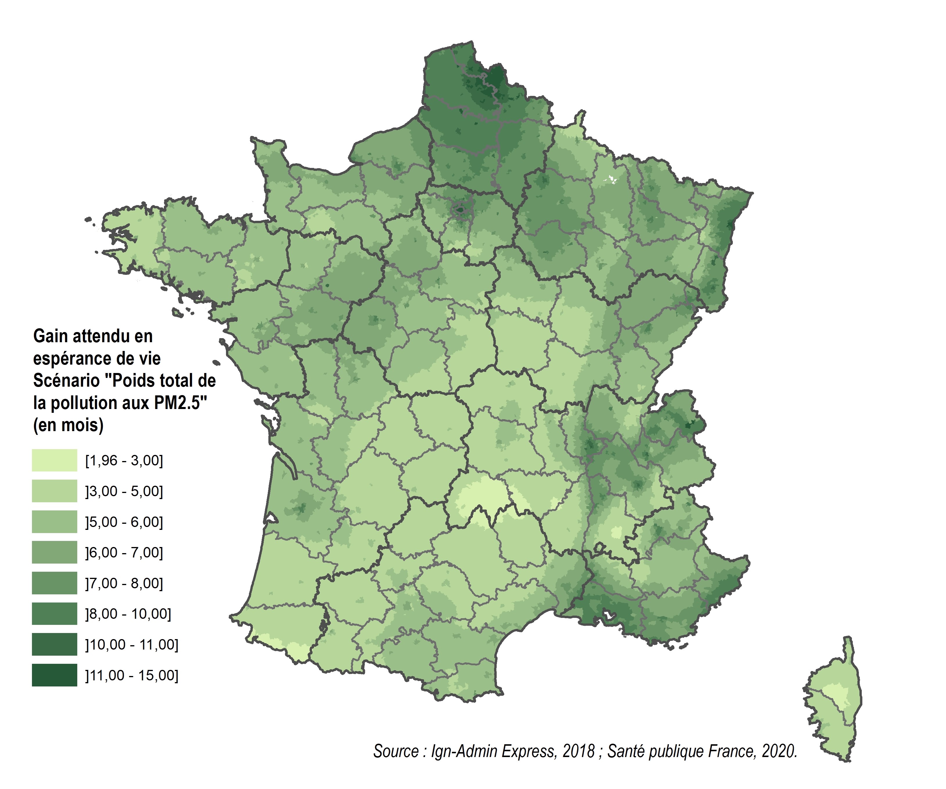 Gain attendu en espérance de vie - Scénario "Poids total de la pollution aux PM2.5 (en mois)