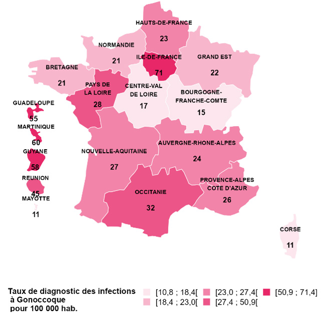Taux d’incidence* des diagnostics d’infection à gonocoque en secteur privé par région de domicile, France, 2024