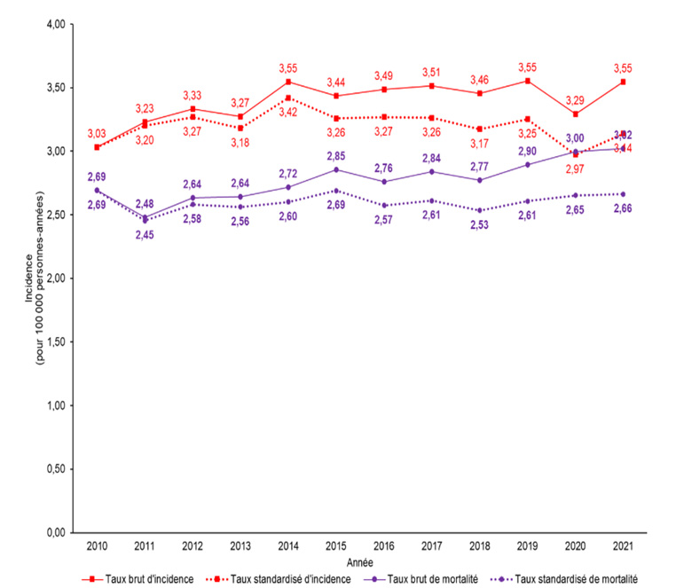 Taux bruts et standardisés d'incidence et de mortalité en lien avec les maladies du motoneurone en France depuis 2010