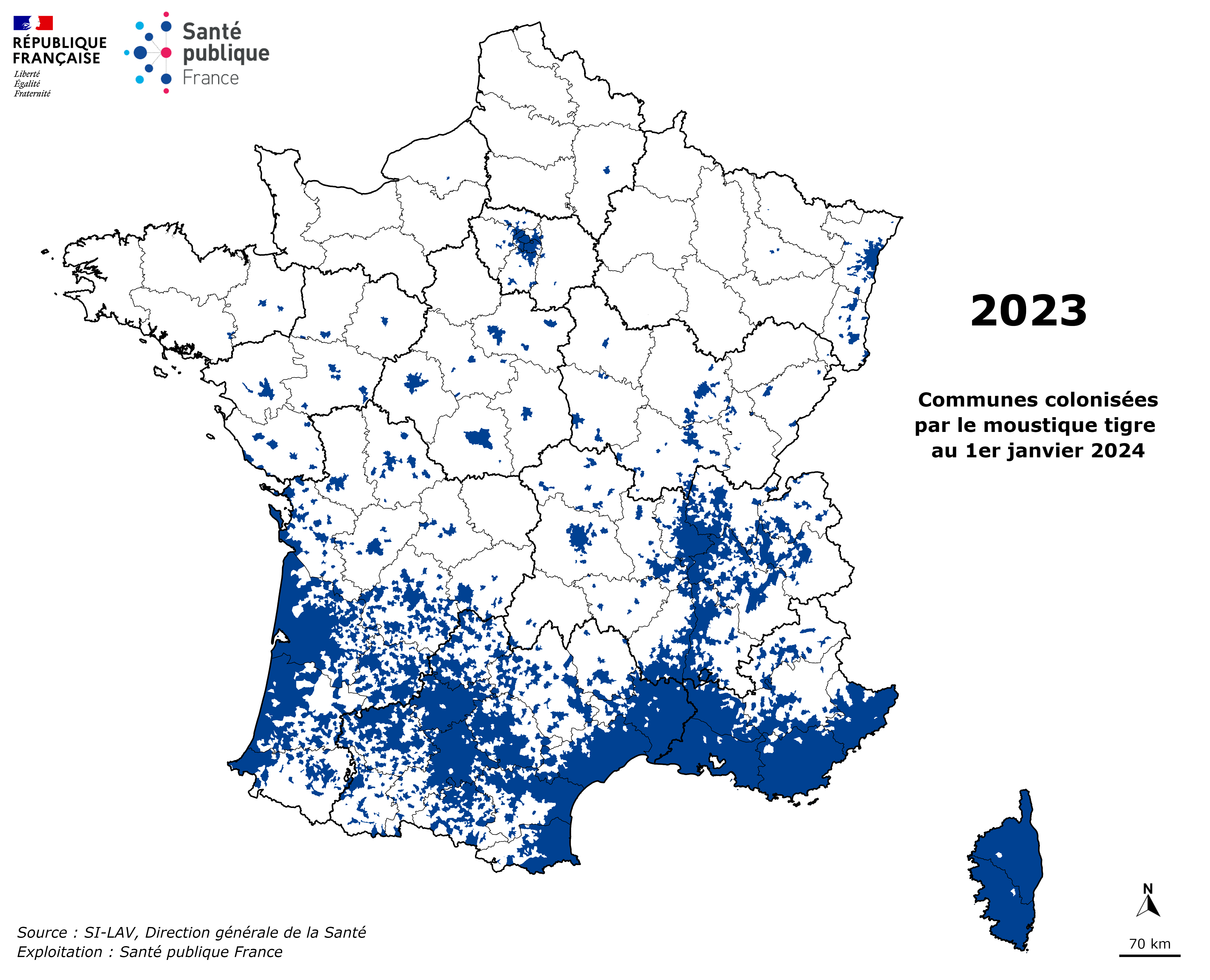 Carte de présence du moustique tigre (Aedes albopictus) en France hexagonale