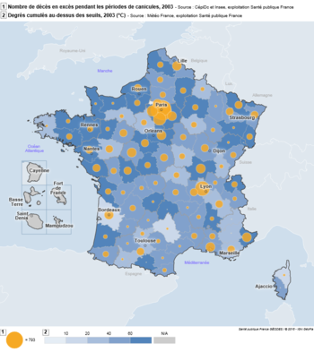 Cartographie par département de deux indicateurs lors de la canicule de 2003 : excès de mortalité et température au-dessus des seuils