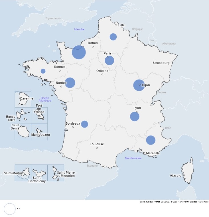 Figure 3 - Nombre de cas par région, France, 2022 - Données au 30 novembre 2022