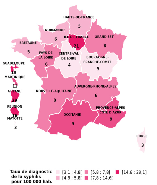 Figure 4. Taux d’incidence* des diagnostics de syphilis en secteur privé par région de domicile, France, 2024