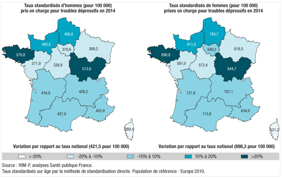 Taux standardisés de patients pris en charge pour troubles dépressifs dans les établissements ayant une activité autorisée en psychiatrie selon la région et le sexe pour 100 000 habitants, France métropolitaine, 2014
