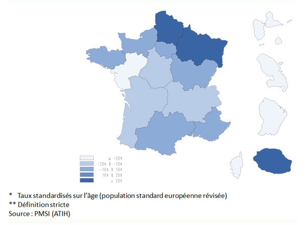 Variations régionales du taux d’hospitalisation pour BPCO, adultes ≥25 ans, 2015