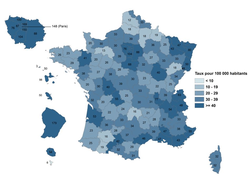 Nombre de personnes en ALD au 31 décembre 2019 pour une hépatite chronique B par département, ALD pour 100 000 habitants (SNIIRAM SNDS, données tous régimes)